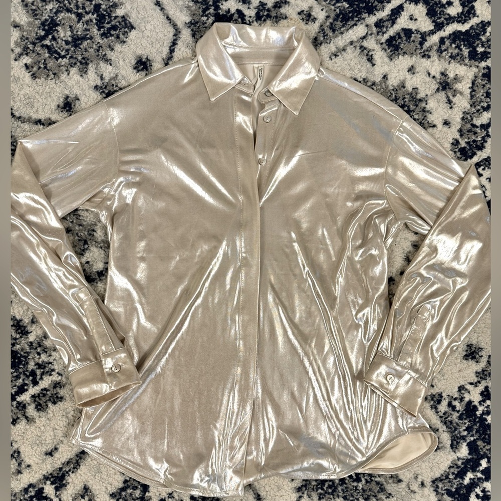 Anthropologie Shimmering Silver Button-Down Shirt